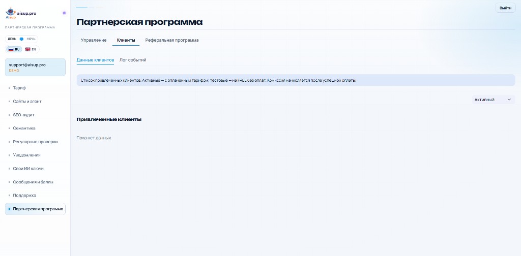 Кабинет партнёра AIsup: список привлечённых клиентов