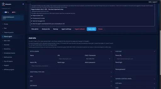 Sites & agent: adding a site