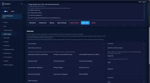 Sites & agent: CMS and server panel access