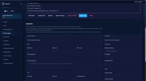 Sites & agent: SSH, FTP, database and CDN
