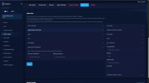 Sites & agent: backups, Git and deploy