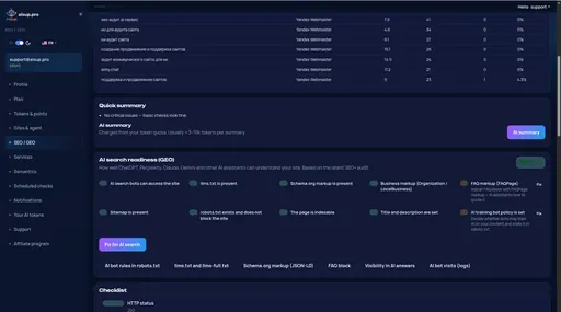 SEO / GEO: queries, quick summary and AI summary