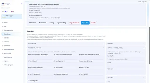 Sites & agent: CMS and server panel access