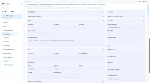 Sites & agent: SSH, FTP, database and CDN
