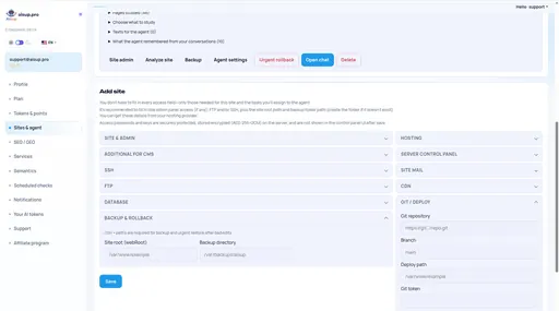 Sites & agent: backups, Git and deploy
