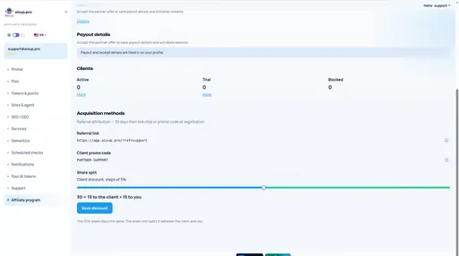 Affiliate program — Manage: payout details and clients