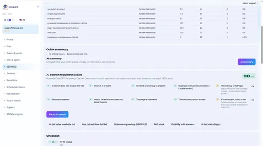 SEO / GEO: queries, quick summary and AI summary