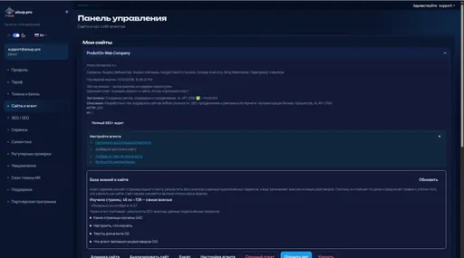 Сайты и агент: панель управления и список сайтов
